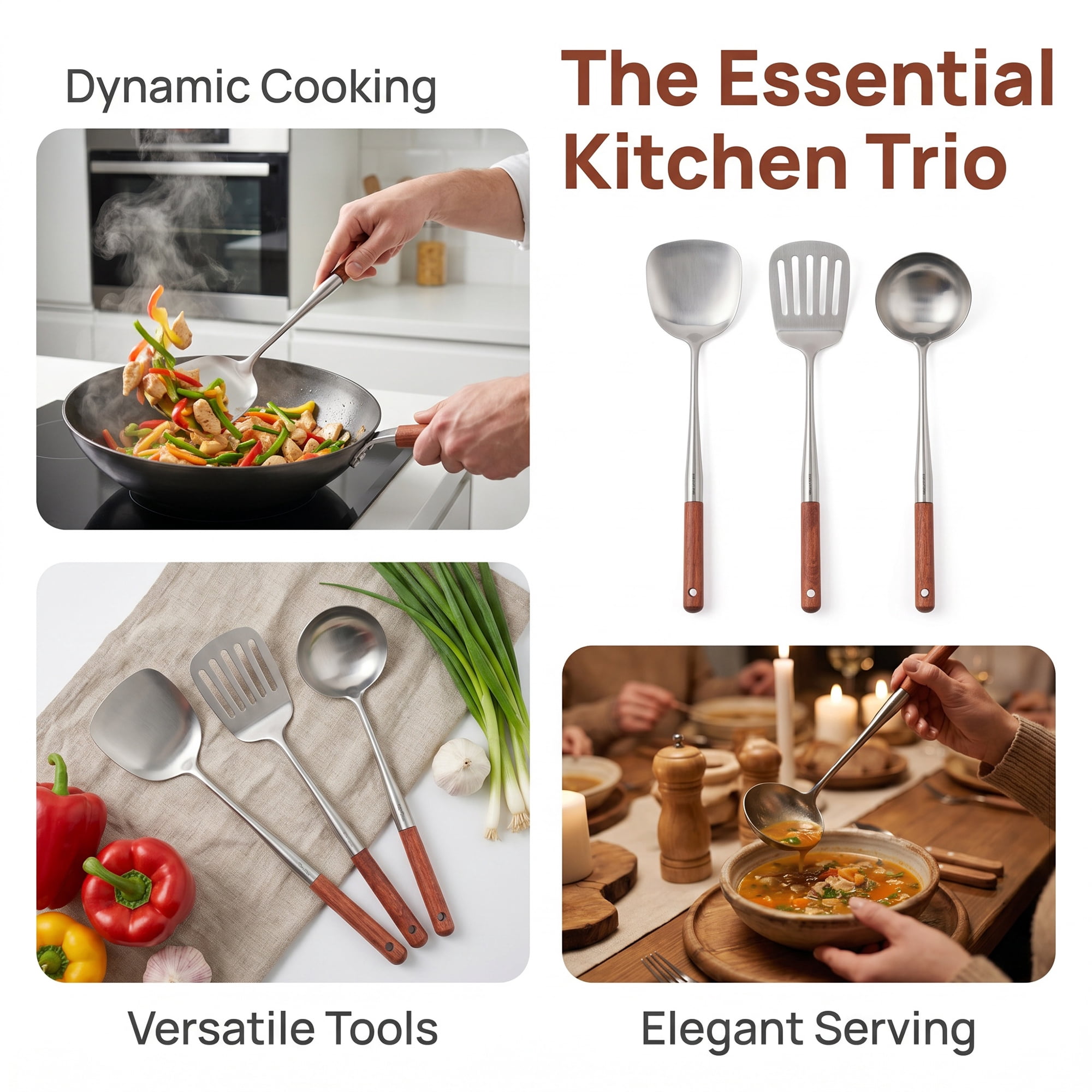 Unique Bargains Cooking Utensil Set, Stainless Steel Kitchen Gadgets Brown C 3pcs