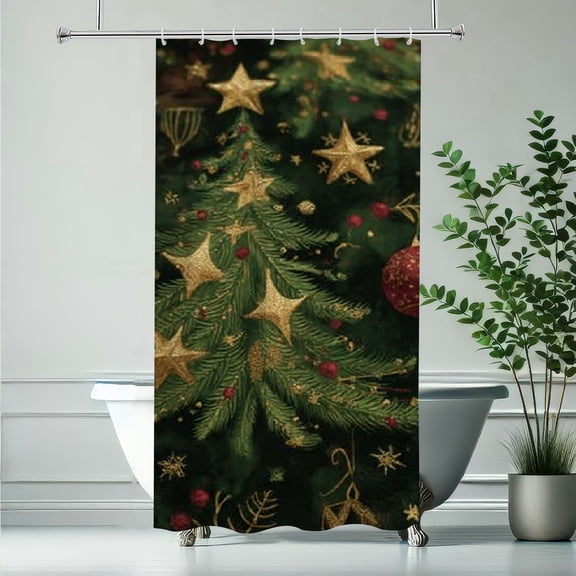 RKSupls Christmas Shower Curtain, Green Christmas Tree Ornament Shower Curtain with Hooks for Christmas Home Bathroom Decor Washable Curtains, 36x72 in