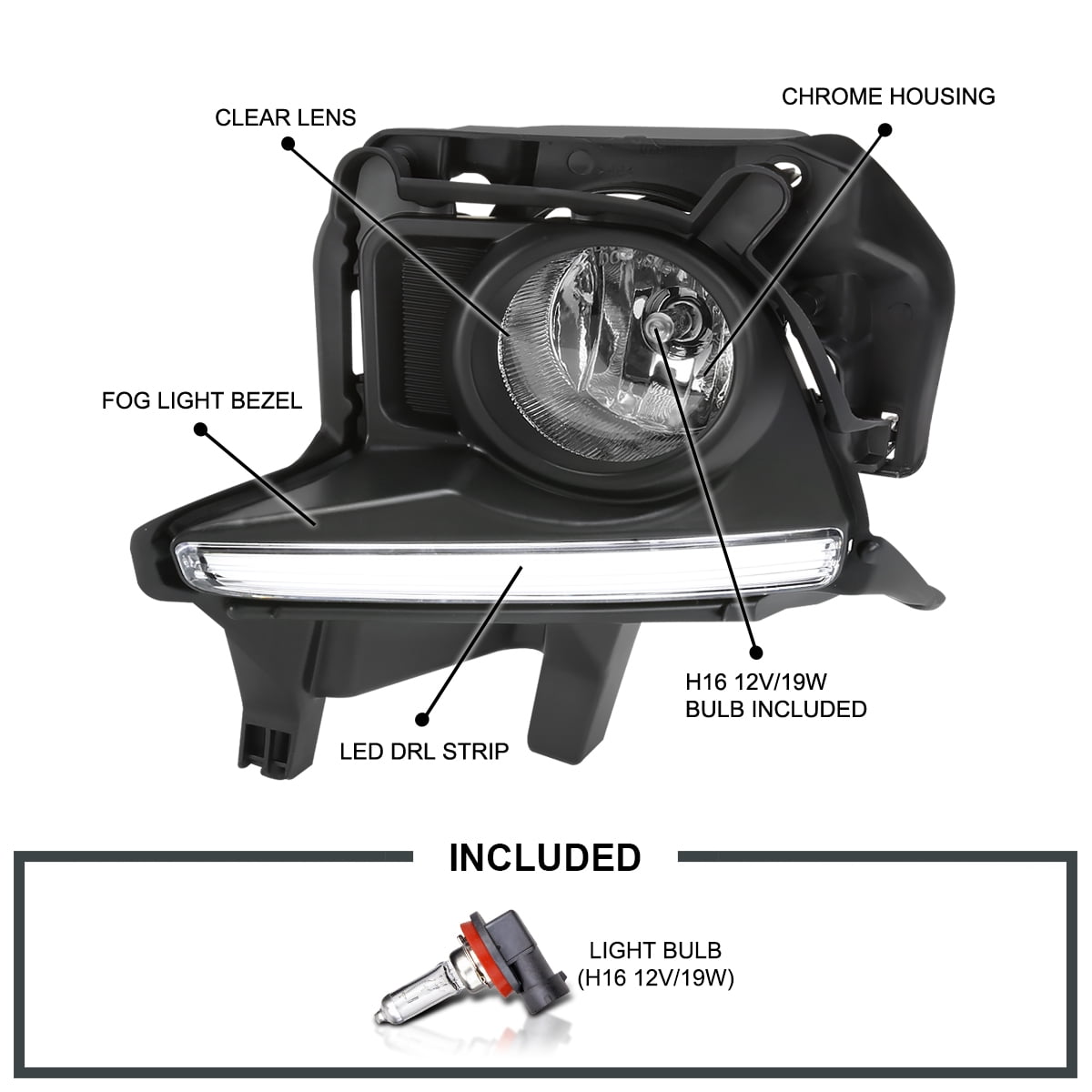 Spec-D Tuning Chrome Fog Lights with LED Strip + Bulbs Compatible with 2014-2016 Toyota Highlander, L+R Pair Assembly