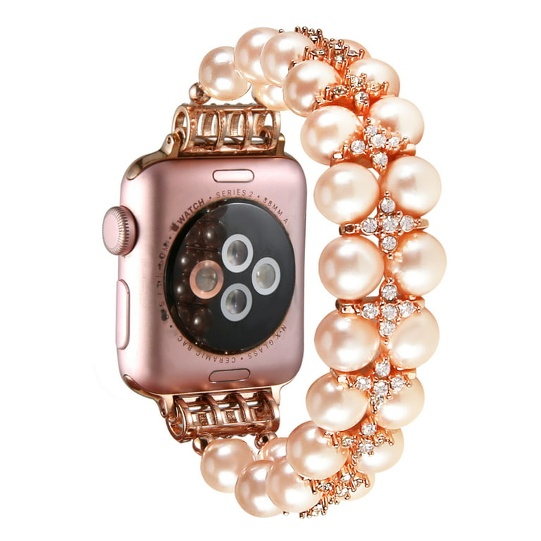 GEMEK Compatible With White Apple Watch Band 38mm 40mm 41mm Women Agate  Pearl Bracelet Strap, Fashion Handmade Elastic Replacement for iWatch Bands  Series 8/7/6/5/4/3/2/1 Girls Wristband (Silver) 