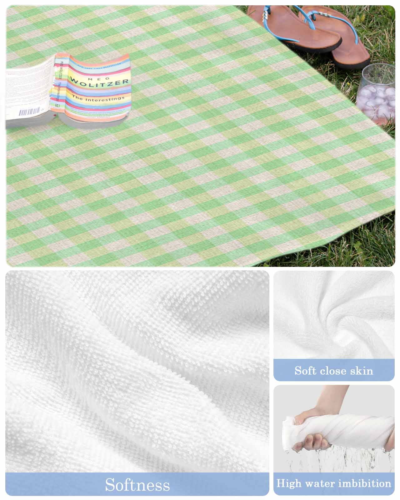 Sage Green Beach Towels Oversized Super Absorbent, Grid Checkered Plaid Gingham Lattice Trellis Lightweight Bath Towel Quick Dry Sets For Bathroom/Pool/Rv Camping/Beach Play/Gym Room/Picnic 23"x47"