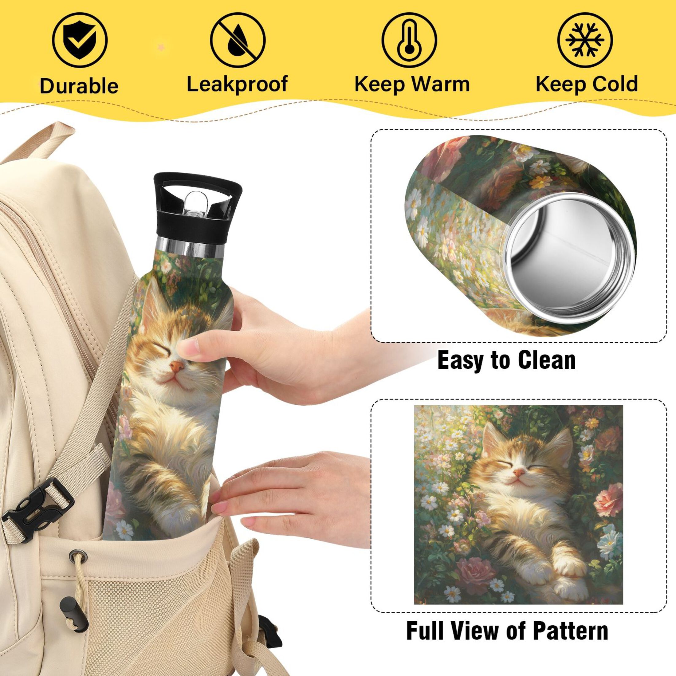 600ML Stainless Steel Insulated Cup Sports Water Bottle Portable Thermos Cup Water Glasses Insulated Tumblers Convenient and Durable Sleeping Cute Cat