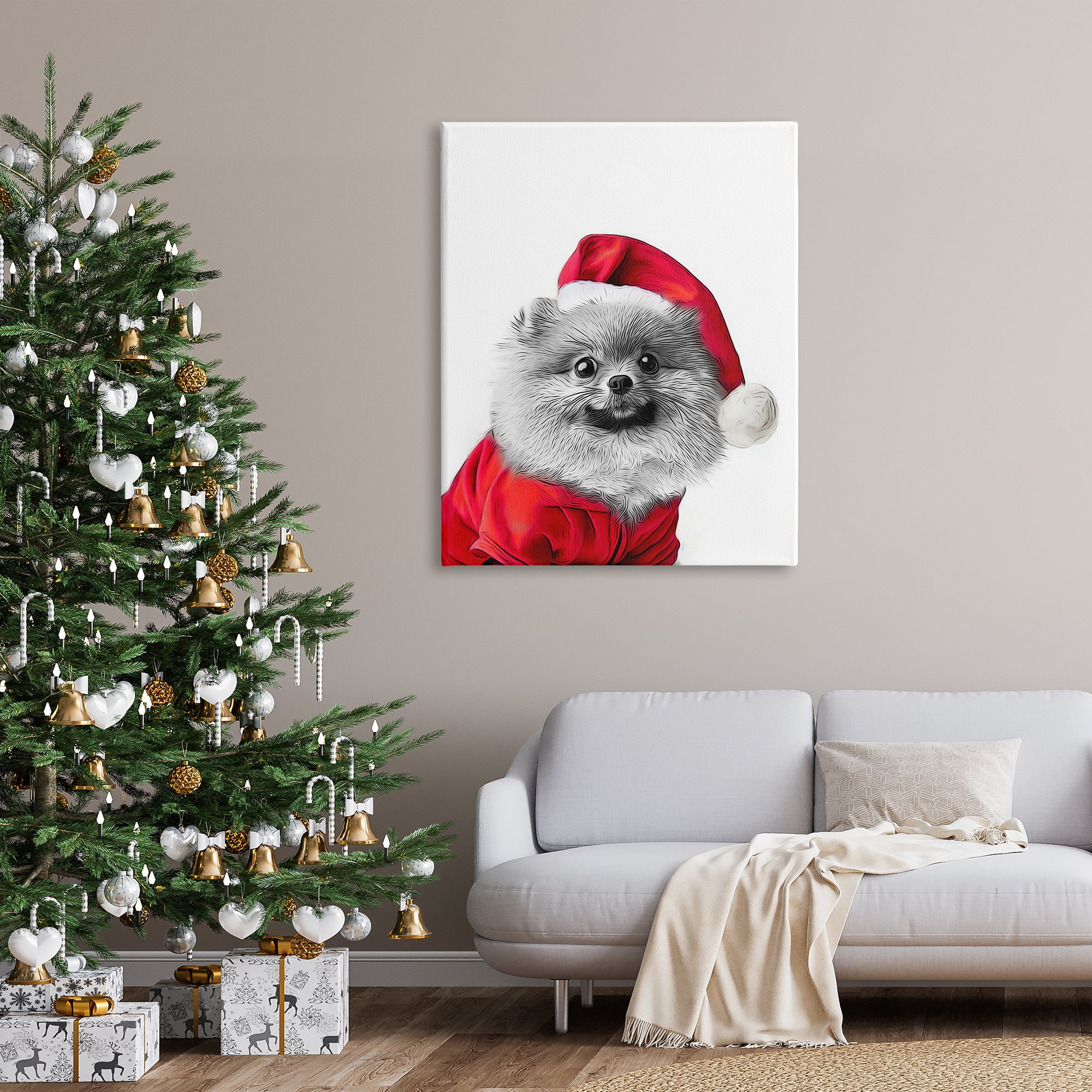 Stupell Industries Pomeranian in Santa Hat Holiday Painting Gallery Wrapped Canvas Art Print Wall Art, 36 x 48