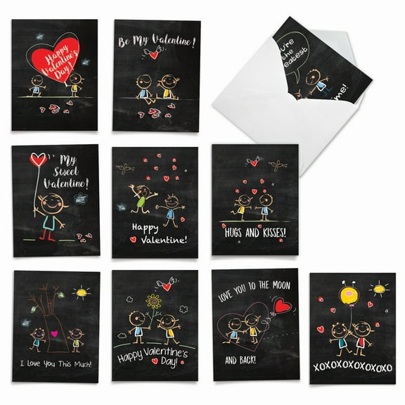 10 Valentine's Day Note Cards Assorted (4 x 5.12 Inch) - Chalkboard Love