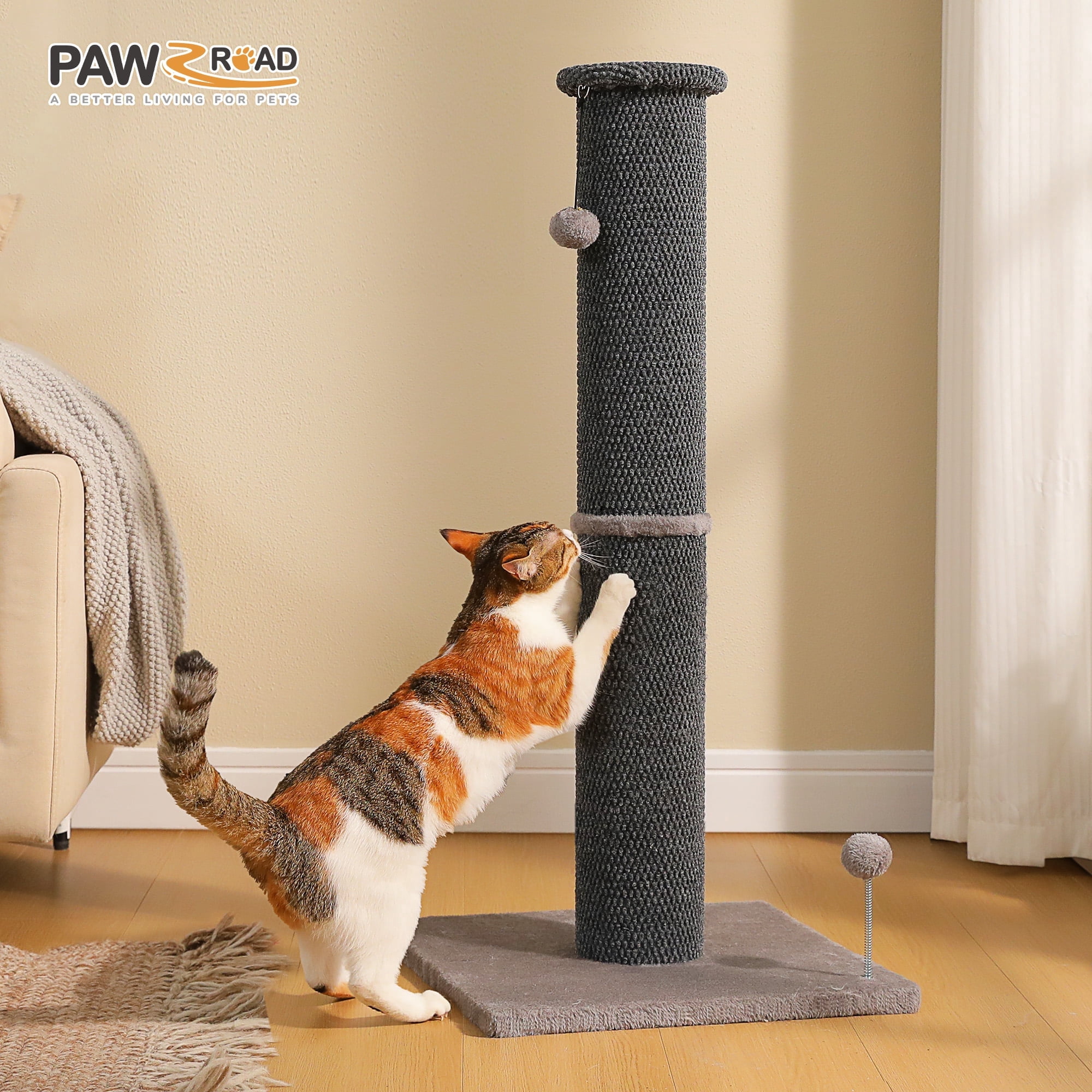 PAWZ Road 40" Tall Large Cat Scratching Post - Durable Polyester Fabric, Wide Stable Base, Dark Gray
