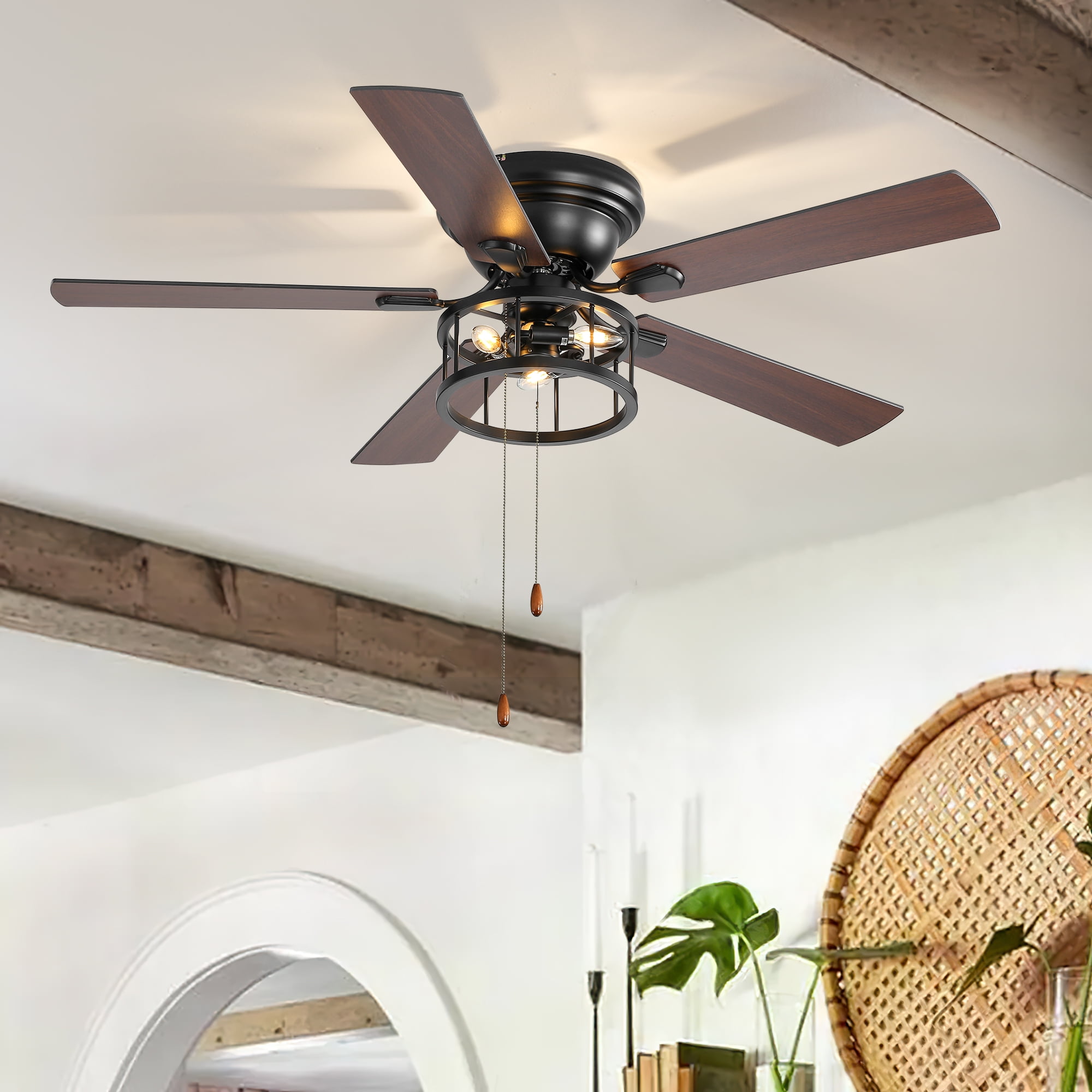 ALKAFY 52-inch Traditional Flush Mount Ceiling Fan with Light, Pull Chain and Classic Plywood Blades for Bedroom, Living Room, Kitchen