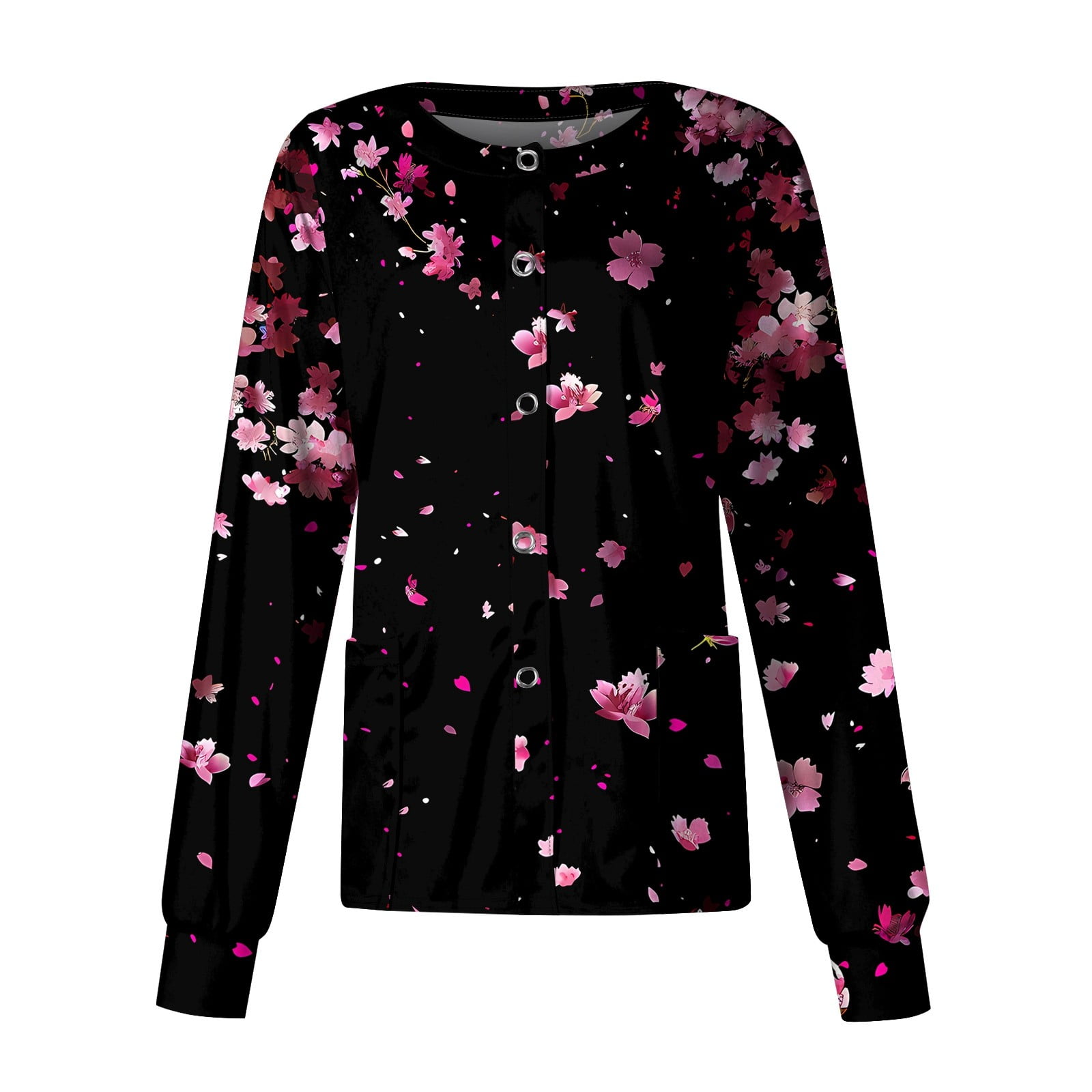 SAATLERI Long Sleeve Scrub Jackets for Woman Casual Single Breasted Workwear Cute Floral Print Nurse Uniform Shirts Scrub Jacket with Pockets