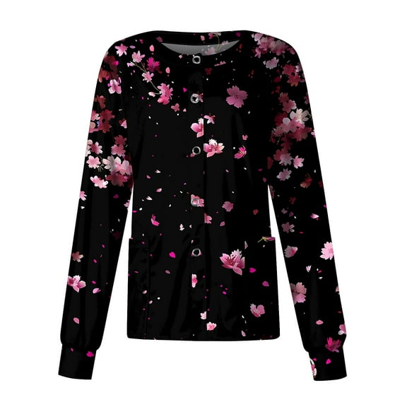 SAATLERI Long Sleeve Scrub Jackets for Woman Casual Single Breasted Workwear Cute Floral Print Nurse Uniform Shirts Scrub Jacket with Pockets