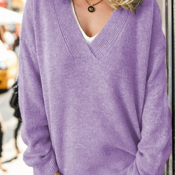 PiGOGI Women's Soft Knitted Pullover Sweater Long Sleeve Solid Color Tops Casual Loose Fit Fall Winter Comfortable Blouse Purple XL