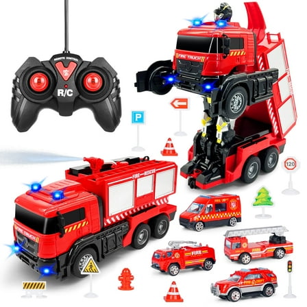 Konijiwa Remote Control Fire Truck with Real Water Spray, Transforming RC Car with LED Lights & Sound for Kids Ages 3-8