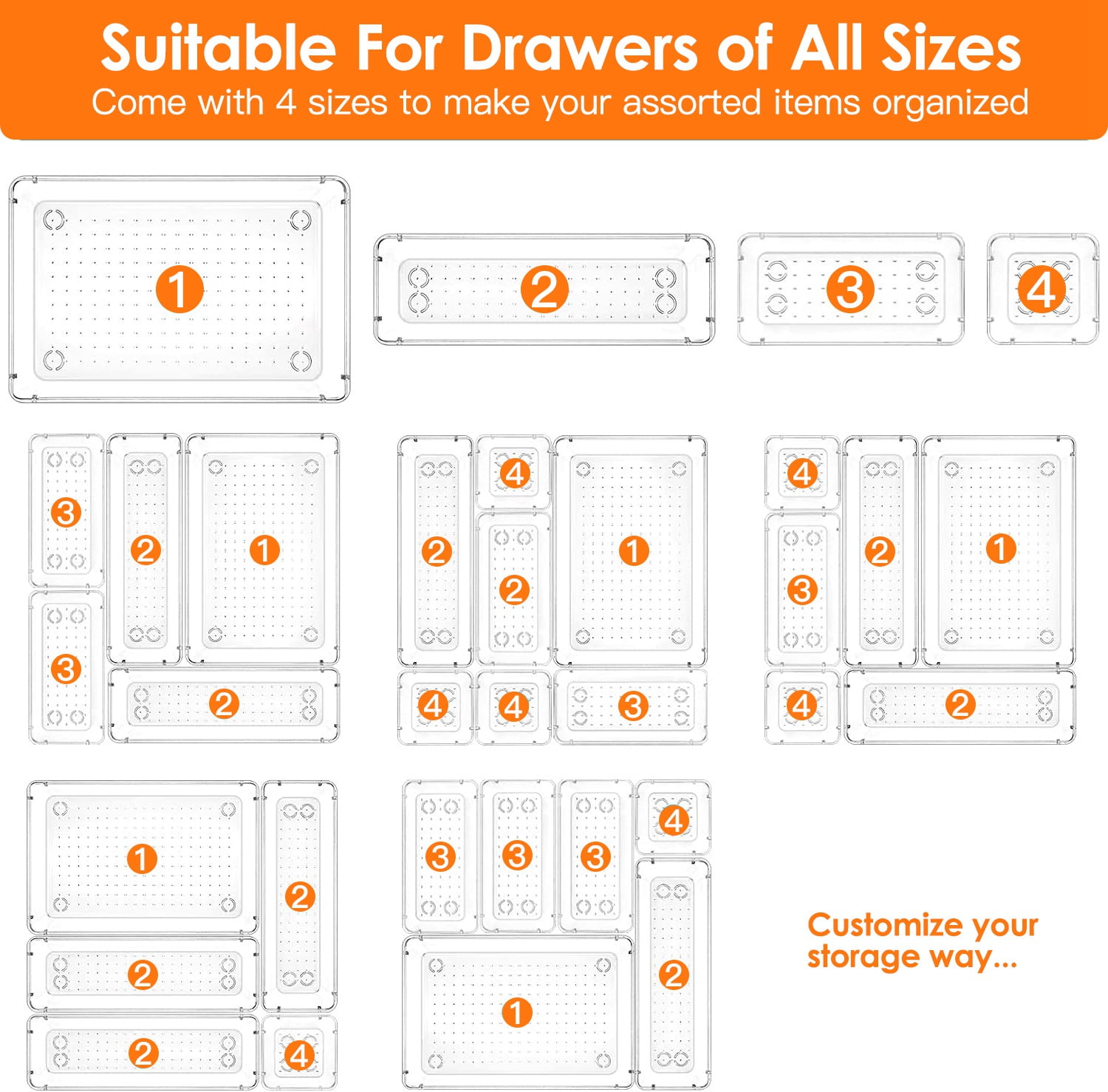Moclever 25Pcs Clear Plastic Drawer Organizers Set, Stackable Desk Drawer Dividers Trays Storage Bins for Vanity Cabinet Makeup Bathroom Office Kitchen, 4 Sizes