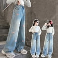 thumbnail image 4 of WAYUTE Girls Denim Pants with Heart Embroidery Fashion Straight Leg Trousers for Toddler and Kids Casual Wide Leg Comfort Soft Bottoms, 4 of 4