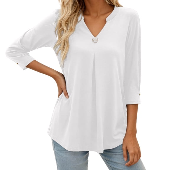FUYUDY Women Shirts Casual Three Quarter Sleeve Blouse With Button Detail And Flowy Ruffle Front For A Stylish Comfortable Fashionable Female Solid Color Tops