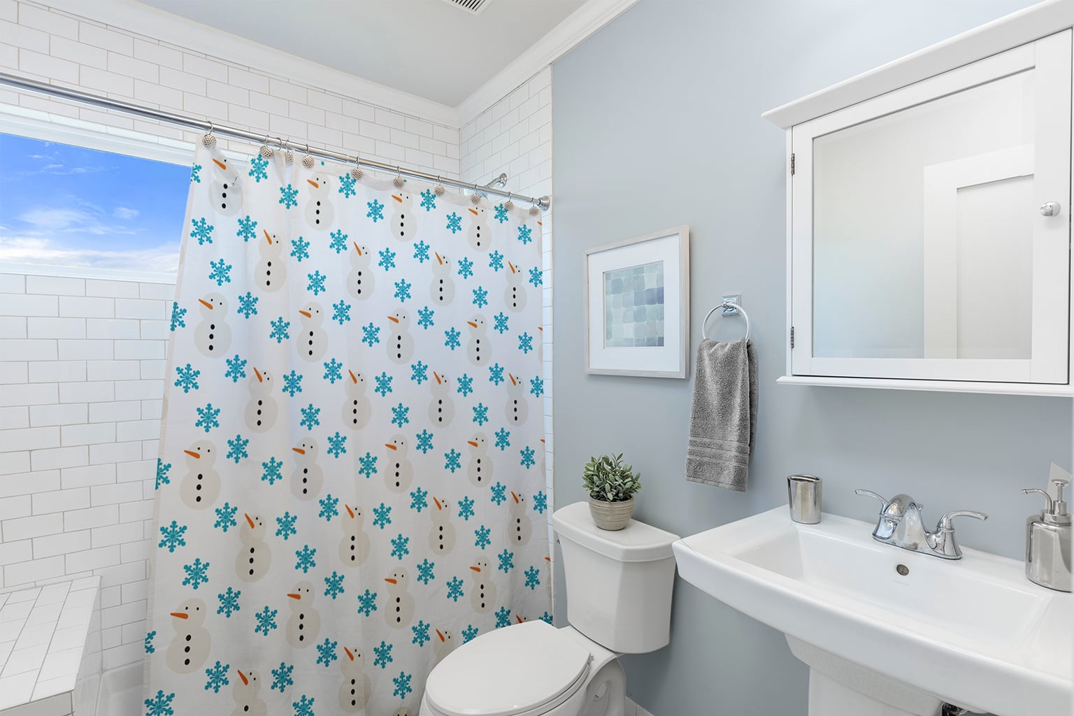 Simply Daisy 70" W x 73" L Snow Men In Snowstorm Polyester Shower Curtain, Turquoise [1 Ct]