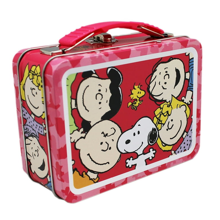 Pink Colored Peanuts Kids Tin Lunch Box - Snoopy Lucy And Friends Tin box