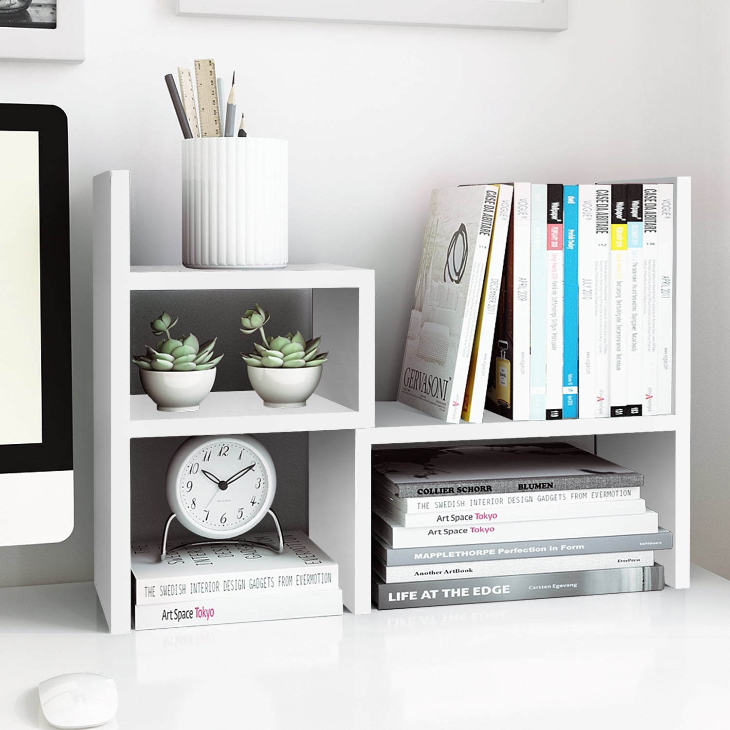 Adjustable Wood Desktop Shelf Organizer Office Storage Rack for Home 13 x 6.8 x 15 inches White