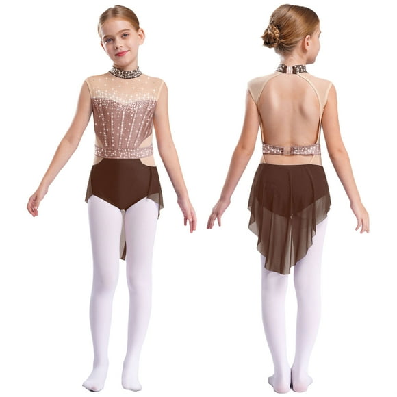 Sxiwei Kids Girls Contemporary Sleeveless Lyrical Dance Skating Dress Dancewear Mesh Patchwork Ballet Leotard Brown 10