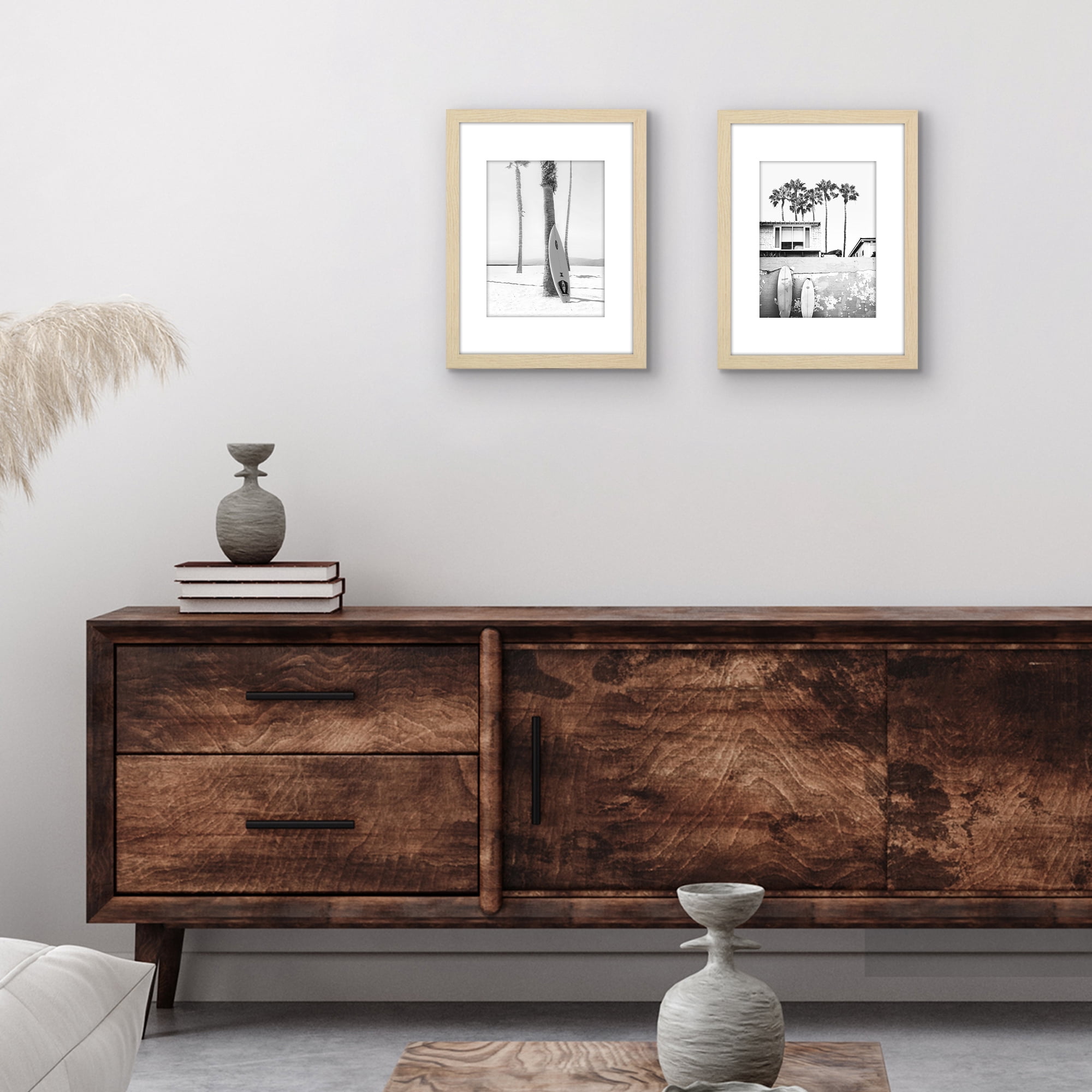 Americanflat 9x12 Picture Frame with Polished Plexiglass with 6x8 Mat 2 Pack Display Photo Wall - Natural Oak