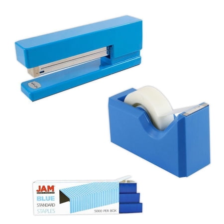JAM Office & Desk Set, Blue, 3/Pack, 1 Tape Dispenser, 1 Stapler & 1 Staples