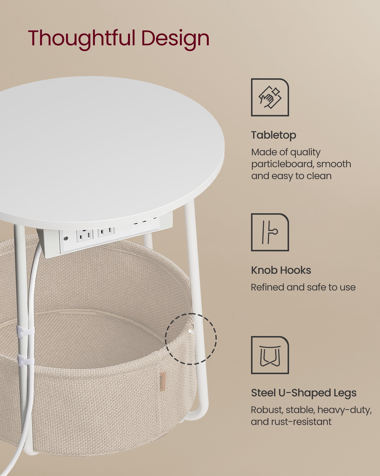 VASAGLE LILEA Collection - Side Table with Charging Station, Round End Table with Fabric Basket, Nightstand with USB Ports, for Living Room, Bedroom, Modern, Matte White and Camel Brown