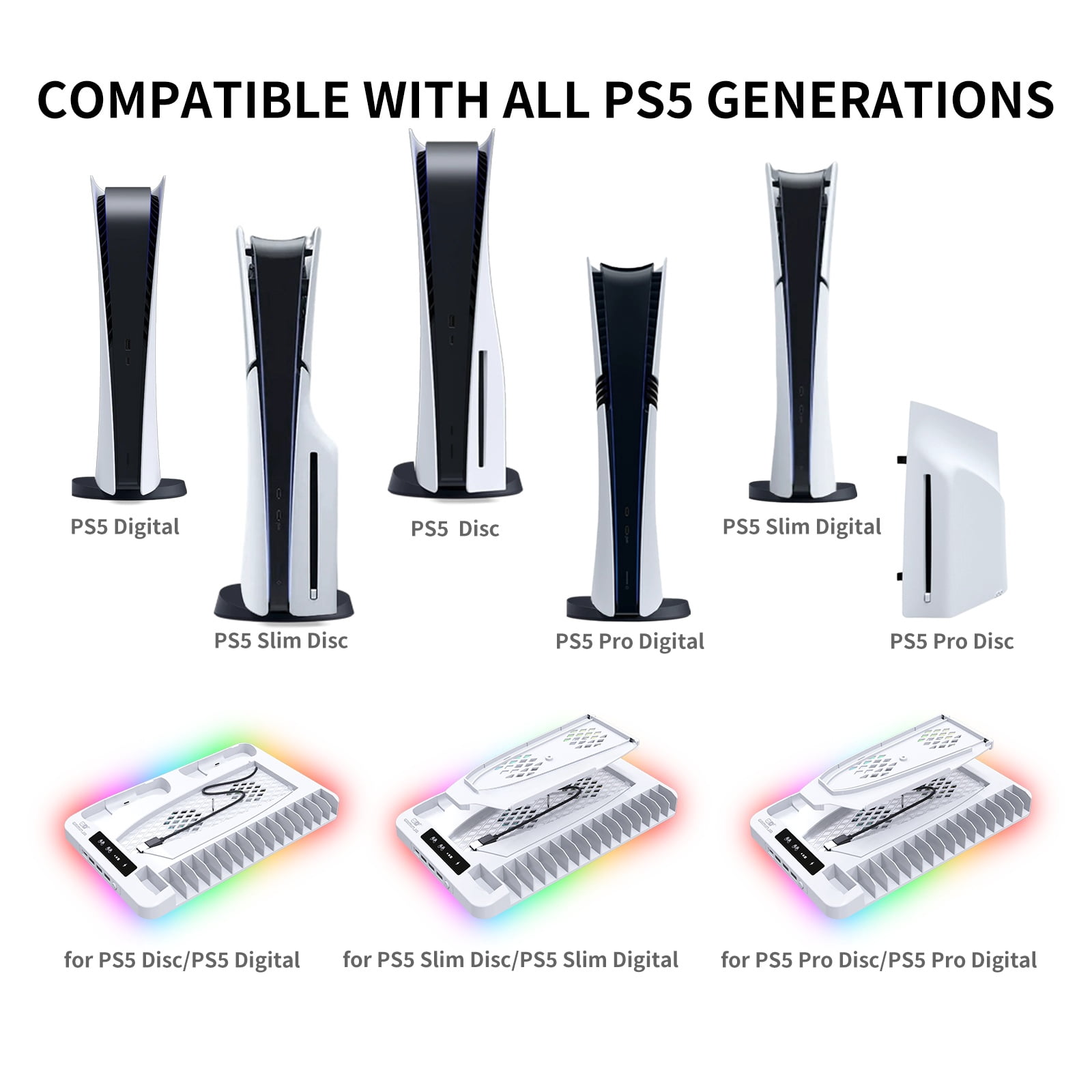 GAMINJA PS5 Cooling Stand with Dual PS5 Controller Charger Dock, PS5 Accessories PS5 Cooling Station for PlayStation 5 Disc/PS5 Digital/PS5 Slim Disc/PS5 Slim Digital/PS5 Pro Disc/PS5 Pro Digital