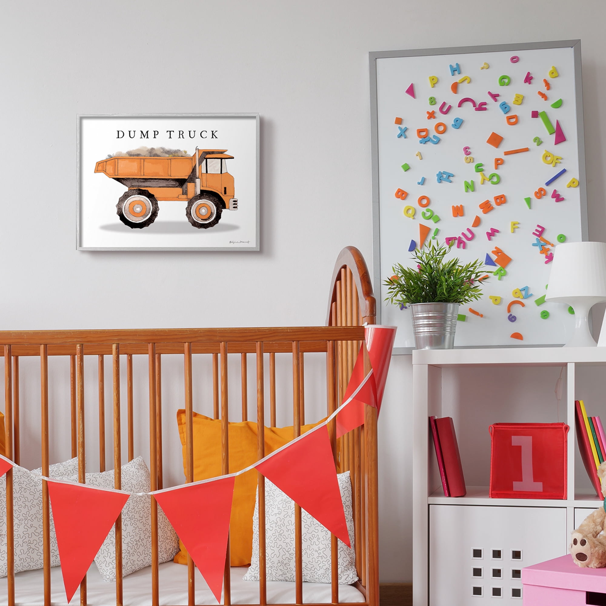 Stupell Industries Orange Dump Truck Traditional Construction Vehicle Transportation Painting Gray Framed Art Print Wall Art, 16 x 20