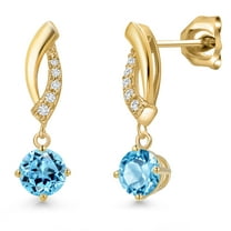 Gem Stone King 10K Yellow Gold Swiss Blue Topaz and Lab Grown Diamond Stud Dangle Earrings for Women | 1.05 Cttw | Gemstone November Birthstone | Round 4.5MM