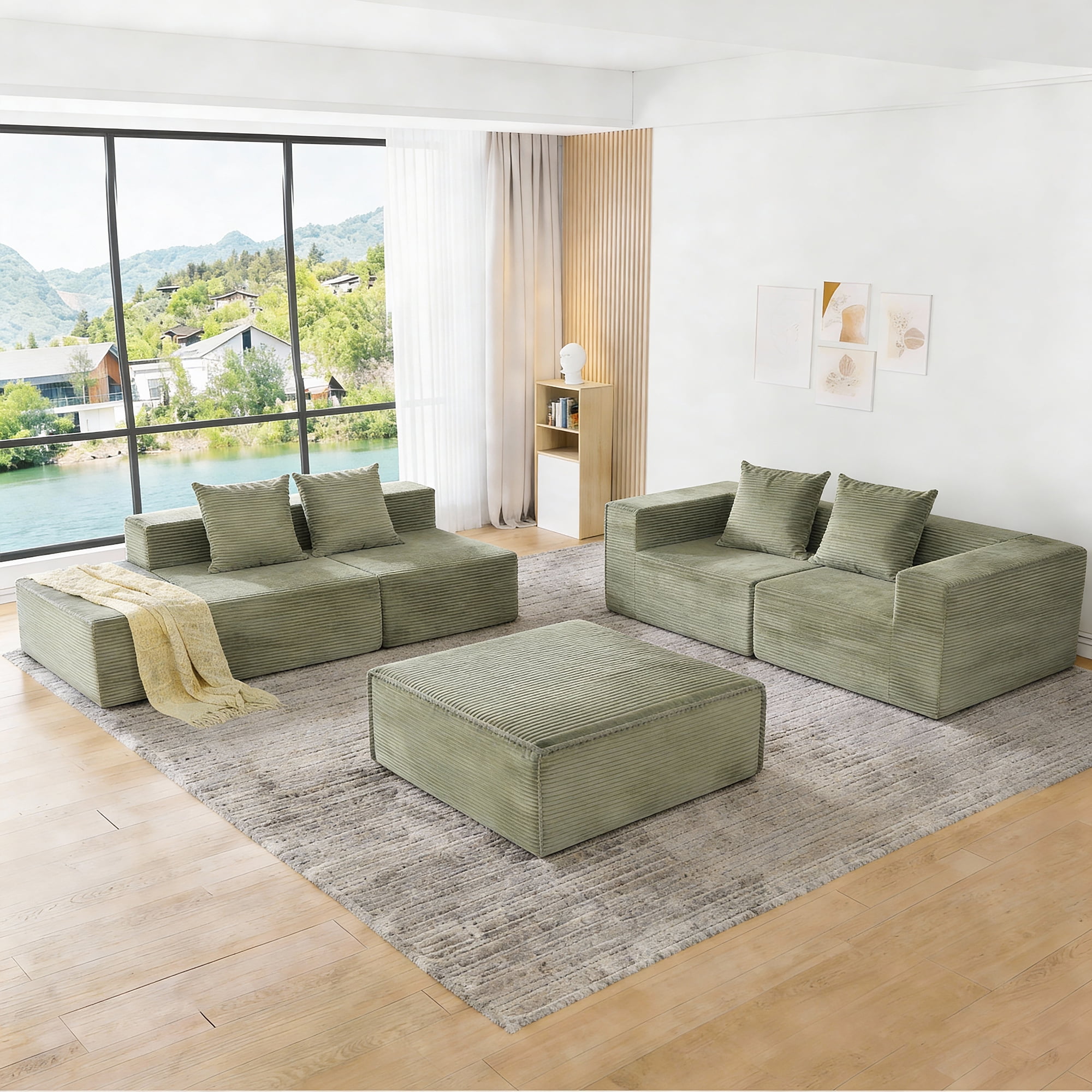 MOONMISS 4-Seat Modular Sofa Sectional with Oversized Chaise & Ottomans - Cloud Couch in Soft Corduroy Fabric for Small Spaces, Living Room, Apartment (Green)