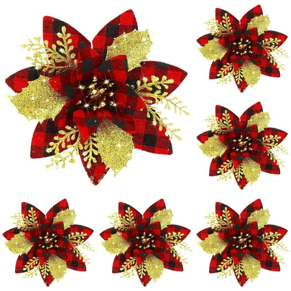 12Pcs 5.7in Artificial Poinsettias Christmas Glitter Flowers with Clips – Xmas Tree Ornaments, Holiday Garland & Home Decor Decorations