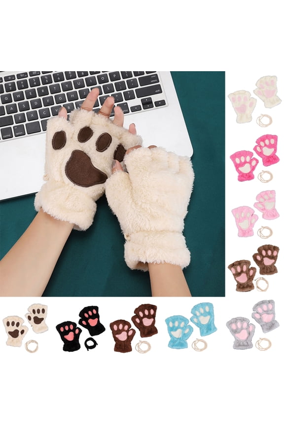 2 Pairs Cat Paw Gloves Fingerless Gloves Mittens Half Finger Paw Gloves Winter Plush Gloves for Kids Adult Cosplay