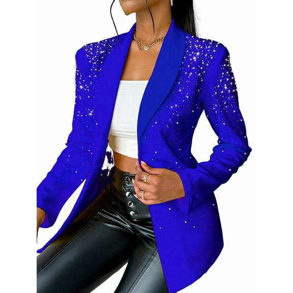 Women'S Business Blazer, Long Sleeve Open Front Suit Jacket, Rhinestone Button Down Coat, Office Work Wear Blue XL