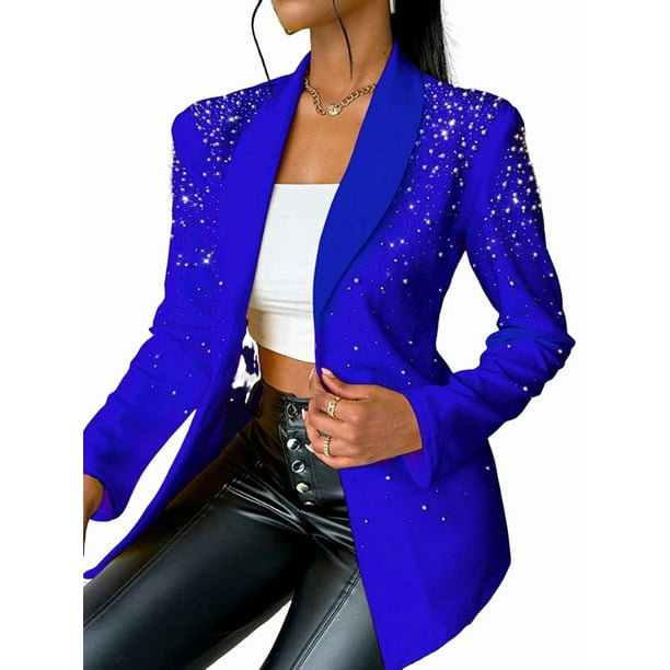 Blazer de Negocios para Mujer, Chaqueta de Traje de Larga con Abertura Frontal, Abrigo con Botones de Diamantes de Imitación, Ropa de Oficina Azul S
