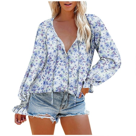 Early Fall New Sale Savings Deals 2022! Zpanxa Fashion Women Print Casual Long Sleeve V-Neck Ruffles Button Shirt Tops Blue M