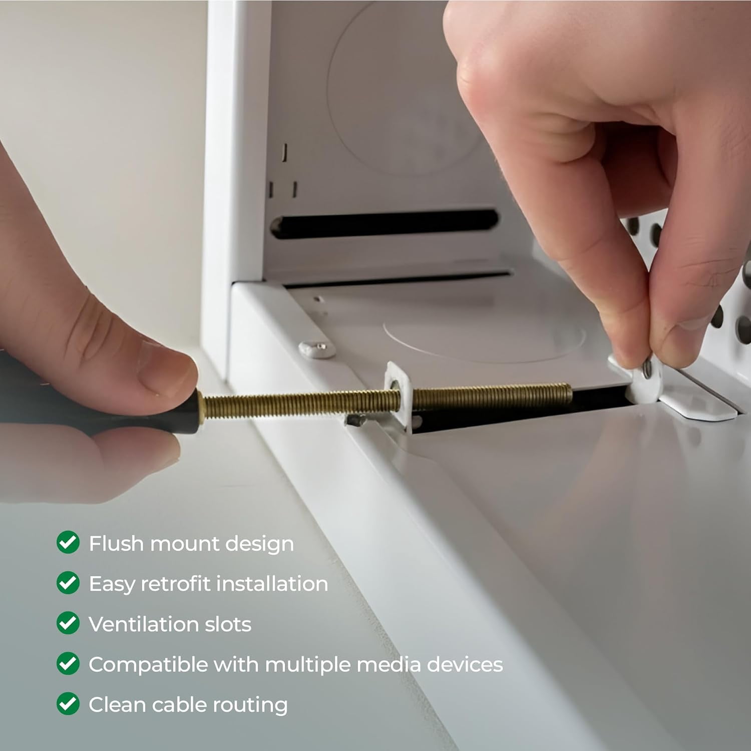 White Box In-Wall Retrofit Media Enclosure for Samsung The Frame TVs, One Connect Box & Streaming Devices – Steel Flush Mount Cable Management