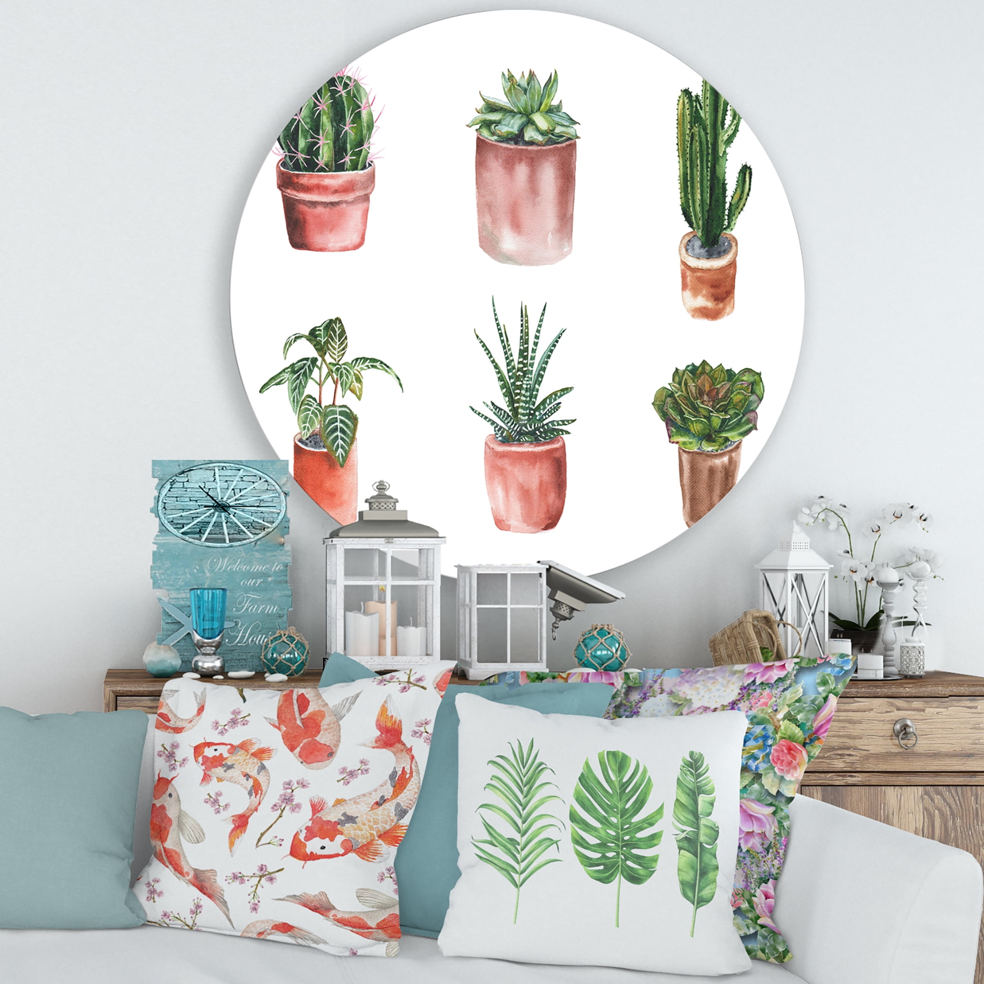 Designart 'Cactus and Succulents In A Clay Pot ' Traditional Circle Metal Wall Art 36x36 - Disc of 36