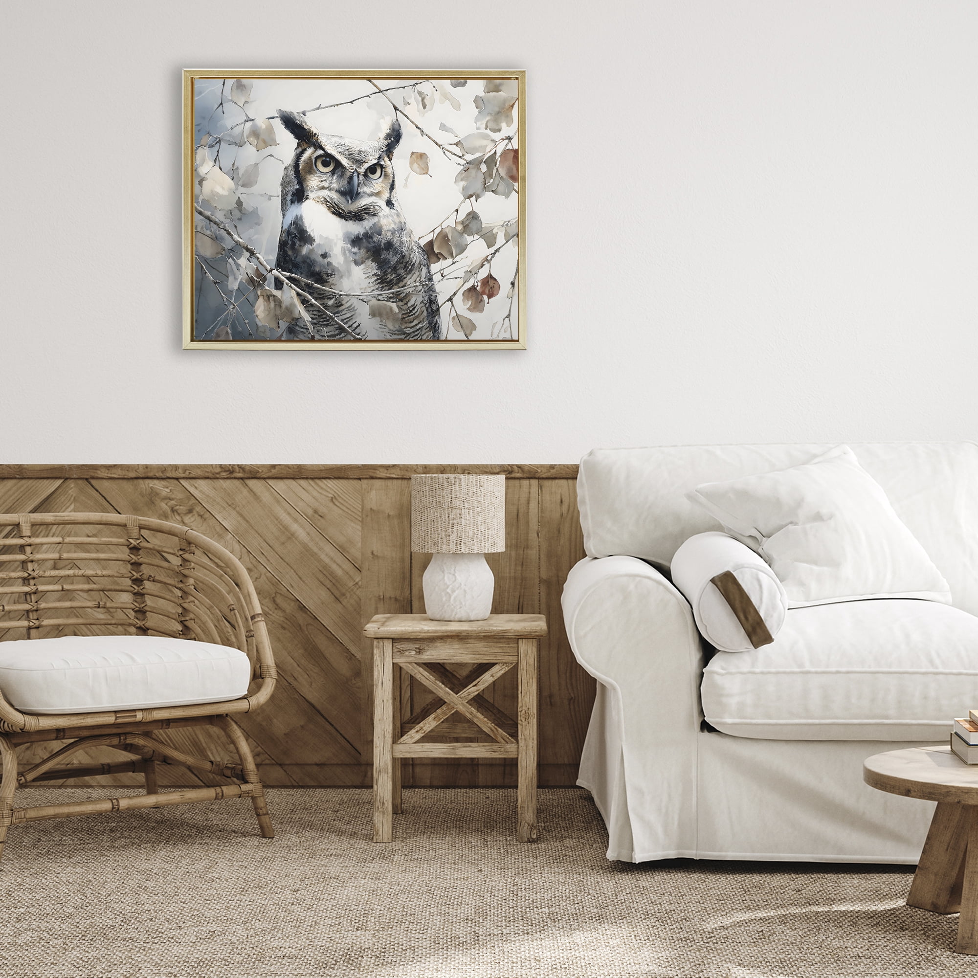 Stupell Industries Horned Owl Perched Gold Framed Floater Canvas Wall Art, design by Franklyn Gregory