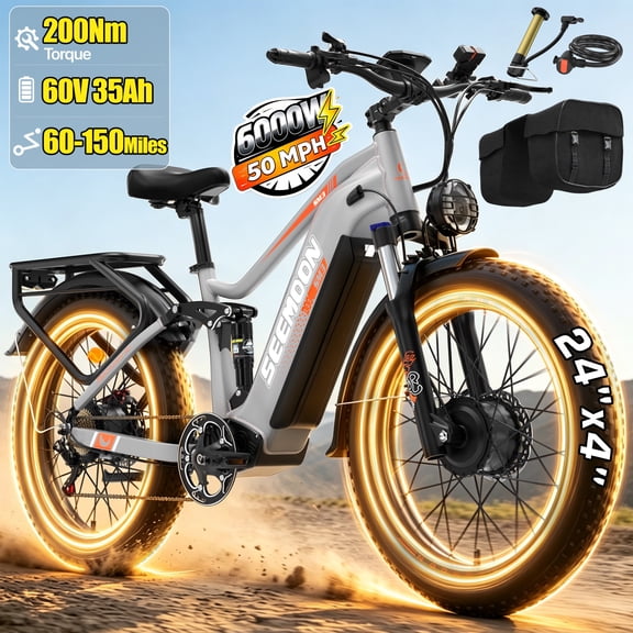 Seemoon Electric Dirt Bike for Adults, 750W Dual Motor Off-Road Ebike, 60V 35Ah Removable Battery, 28 MPH, 150-Mile Range, 24"x4" Fat Tire Full Suspension