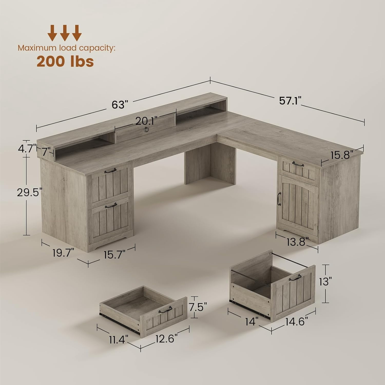 Farmhouse L Shaped Desk with Storage, Rustic Corner Desk with Monitor Stand, Desktop Organizer Drawer, 2 File Drawers & 1 Cabinet, Home Office Desk with Spacious Desktop, Large PC Workstation, Grey