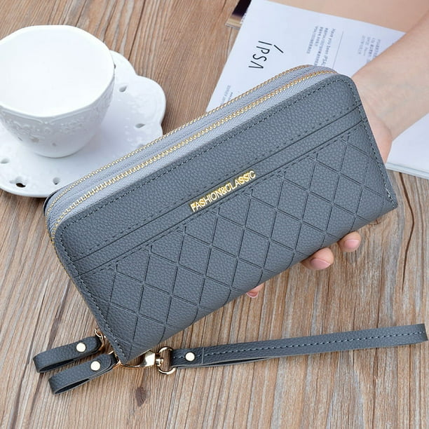 Bolso de mano largo con doble cremallera para mujer, moderno, a cuadros, de gran capacidad, con doble monedero, para teléfono móvil