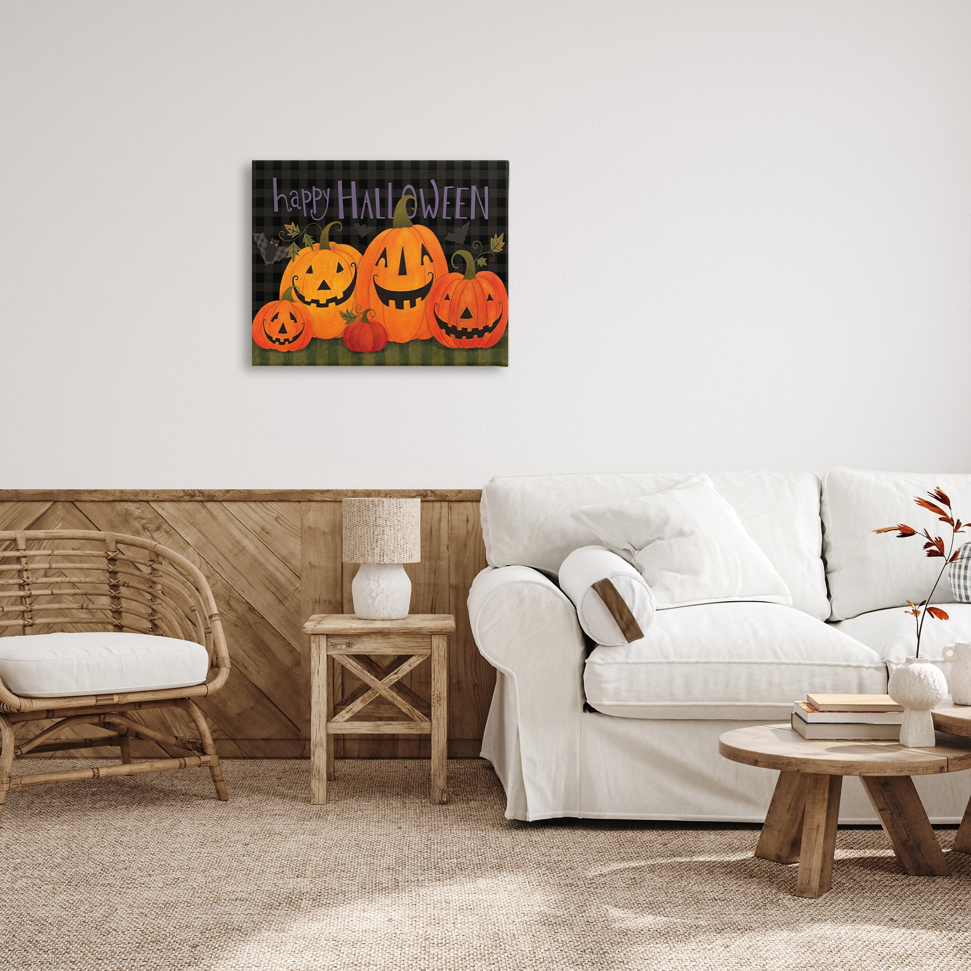 Stupell Industries Halloween Smiling Jack-o-Lanterns Holiday Painting Gallery Wrapped Canvas Art Print Wall Art, 30 x 24