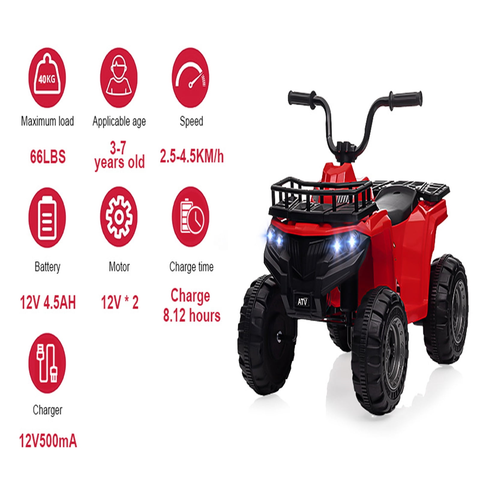 Sakiyr 12V Kids Ride On ATV, Battery Powered Electric Vehicle with Led Light, 4-Wheeler Quad ATV Play Car 2 Speeds for Boys Girls