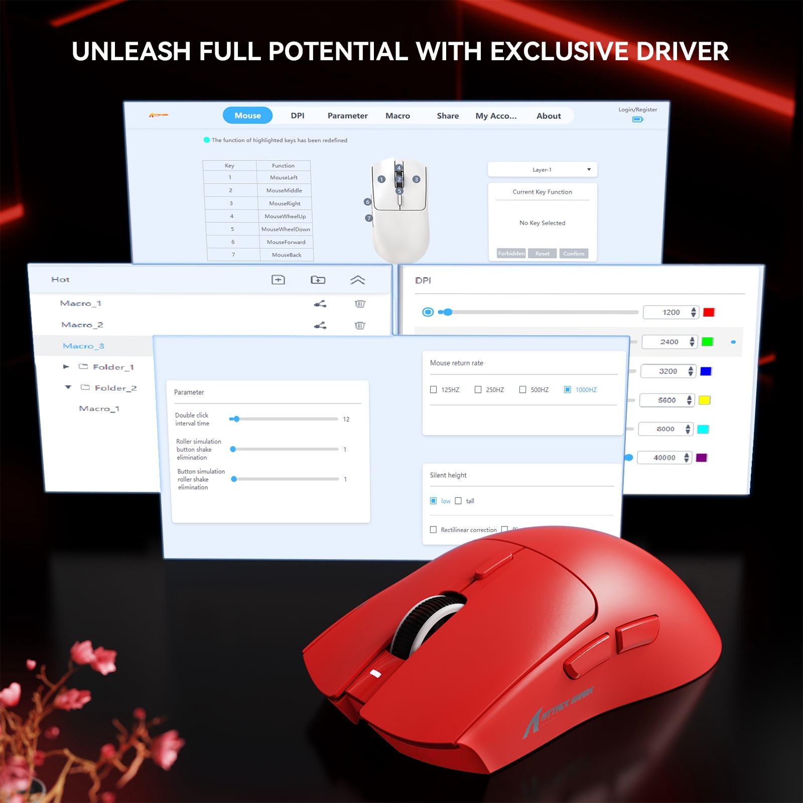 ATTACK SHARK X1 Gaming Mouse with Magnetic Charging Dock, PixArt PAW3395PRO Gaming Sensor, 40000DPI, BT/2.4G Wireless/Wired, 49g SUPERLIGHT Mouse, 100M Optical Microswitches for PC/Xbox/PS/Mac -Red