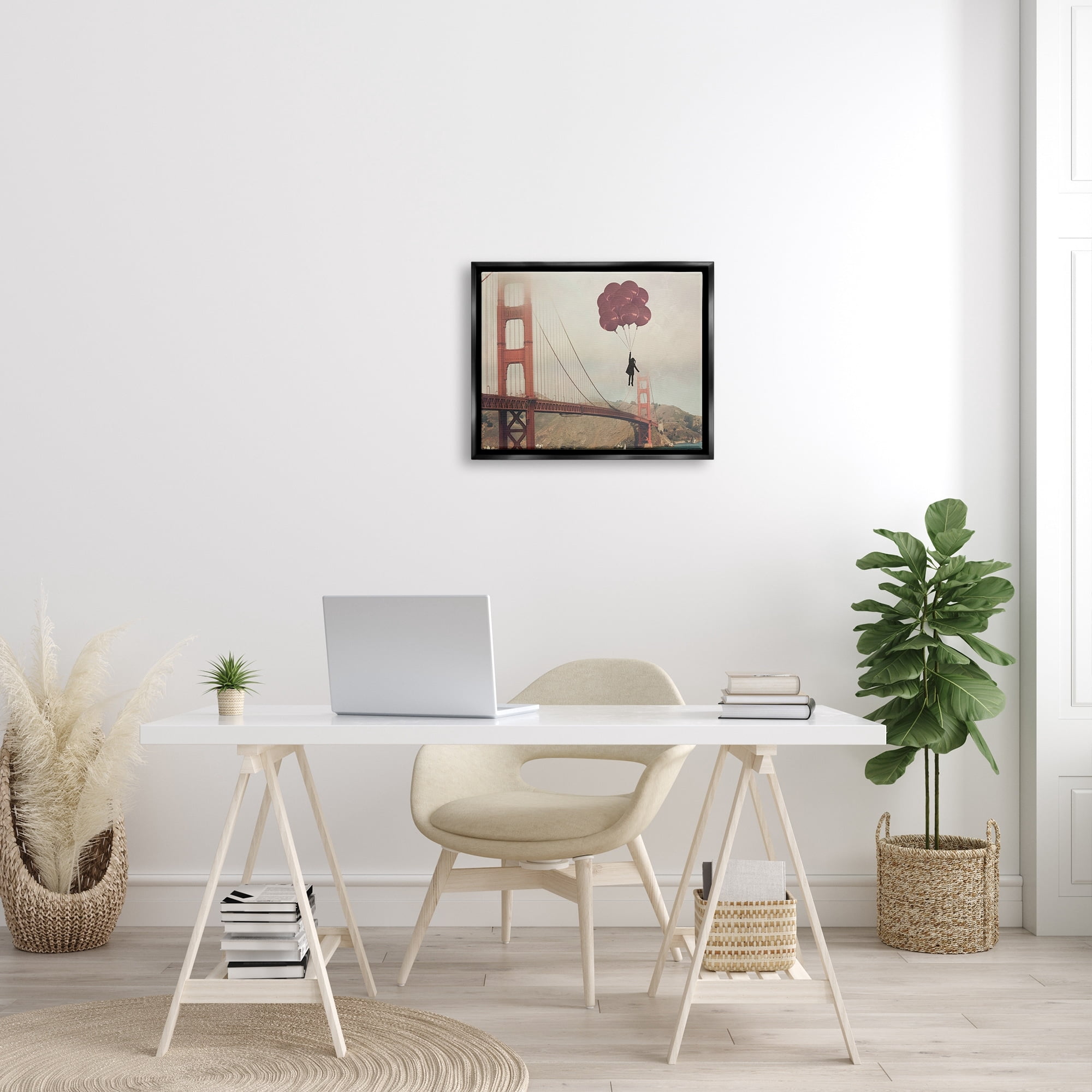 Stupell Industries Bridge Girl Balloons Abstract Modern Collage Design Jet Black Framed Floating Canvas Wall Art, 24x30, by Ashley Davis