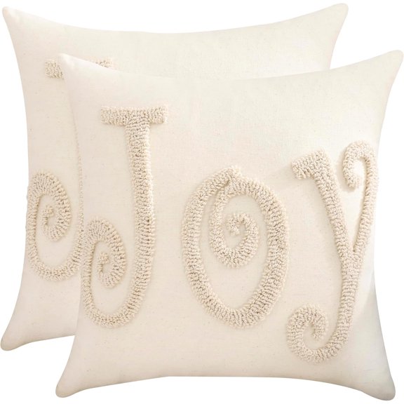 Christmas Pillow Covers Beige Christmas Joy Throw Pillow Cover 18 x 18 inch Set of 2 Christmas Party Decor Winter Holiday Embroidery Cushion Case for Sofa Couch Bed Living Room