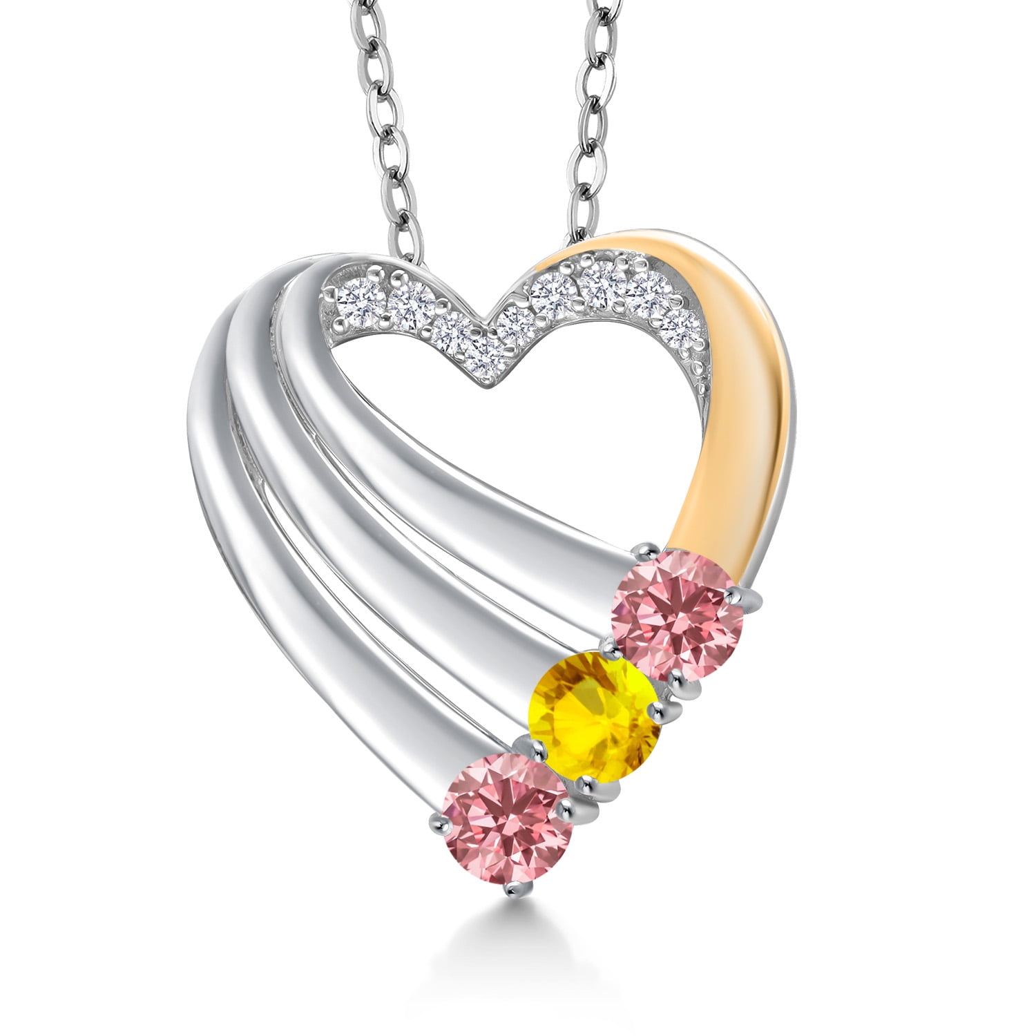 925 Silver and 10K Yellow Gold Pink Lab Grown Diamond and Yellow Sapphire and White Lab Grown Diamond Heart Pendant for Women | 0.96 Cttw | Gemstone April Birthstone | With 18 inch Chain