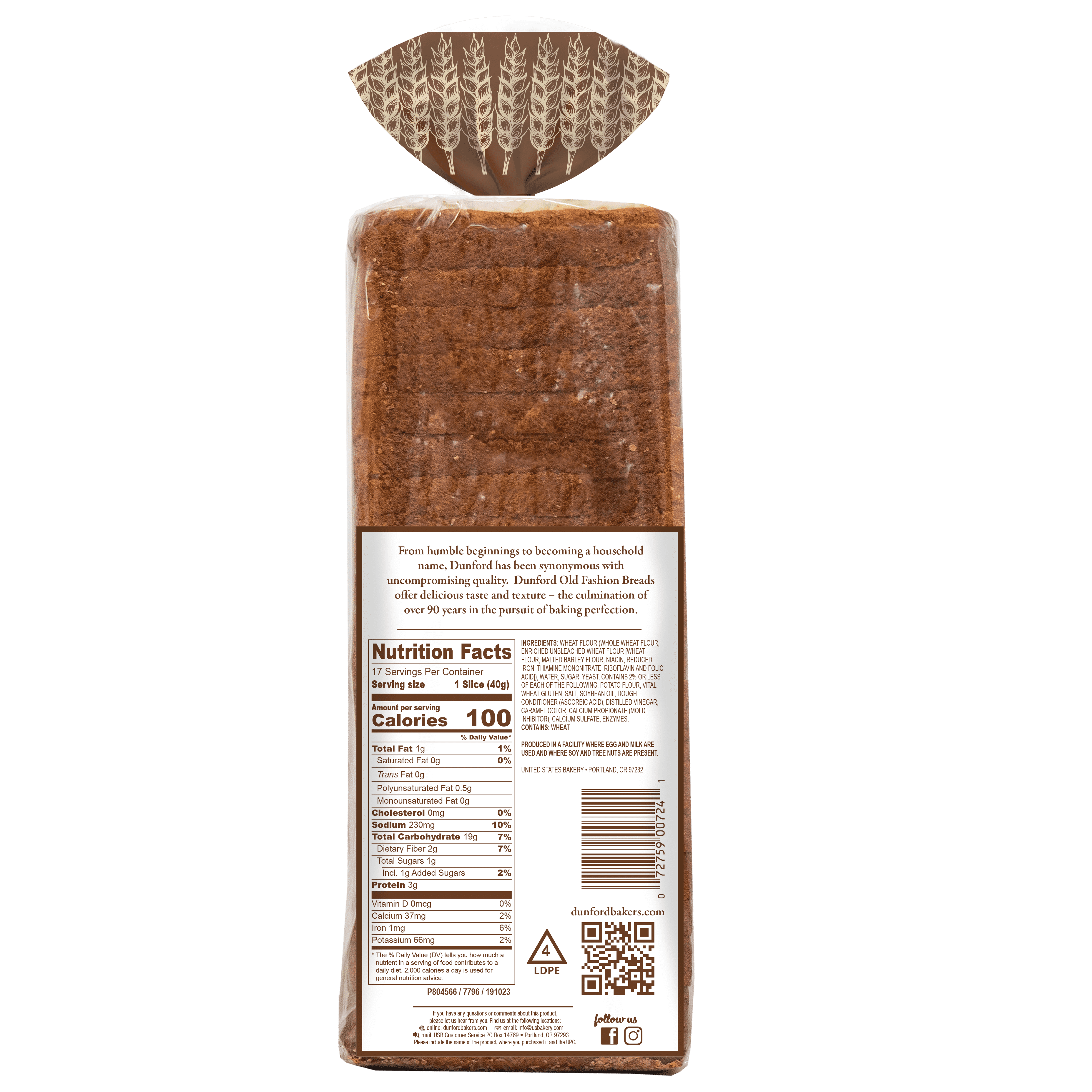 Dunford Bakers Old Fashioned Wheat Bread Loaf, 24 oz, 17 Count