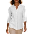 thumbnail image 4 of Perfectbot Women's Collarless Button Down Shirt, 3/4 Sleeve Cotton Linen Tunic Blouse with Curved Hem, 4 of 8