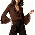 thumbnail image 3 of gbyLJF Women's Ruffle V Neck Chiffon Shirts Long Bell Sleeve Dressy Top Elegant Office Blouse Spring Fall Wear, 3 of 5