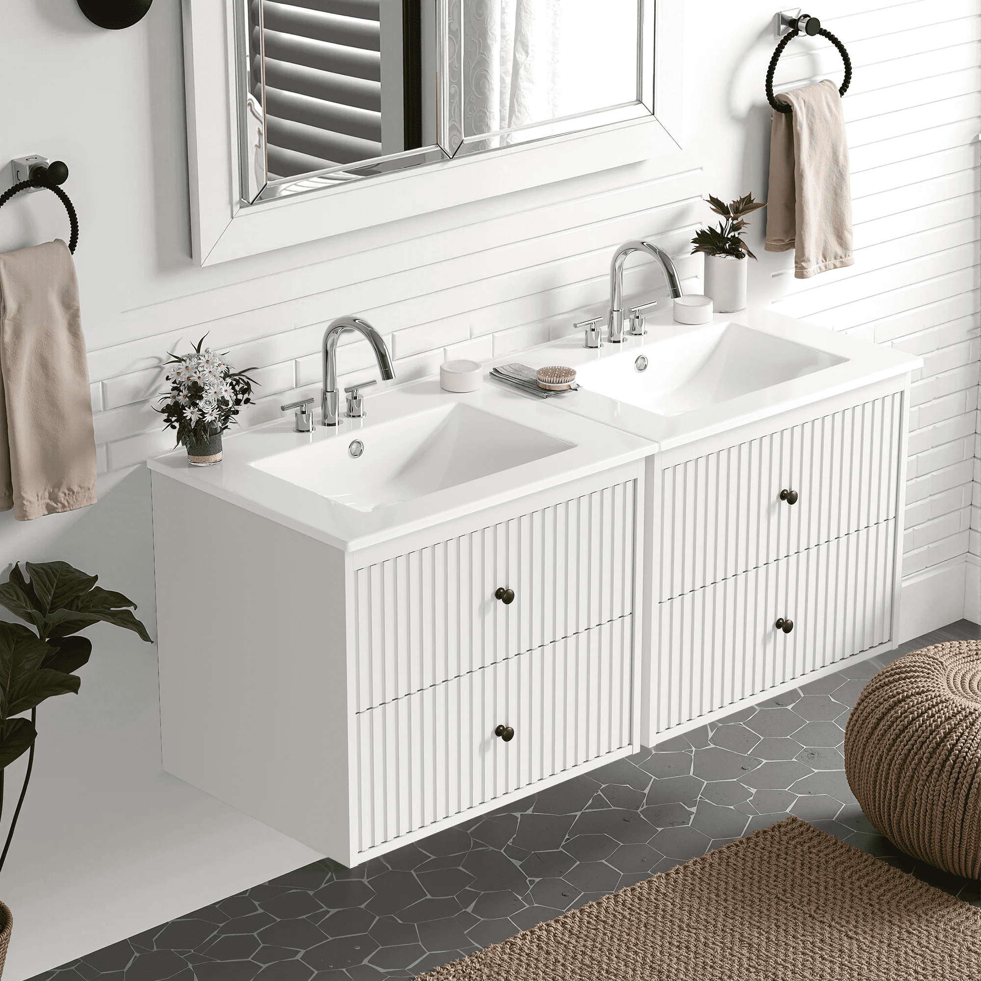 Mintazer 24 Inch Floating Fluted Bathroom Vanity with Ceramic Sink, Wall-Mounted Modern Farmhouse Bath Cabinet with 2 Storage Drawers, White