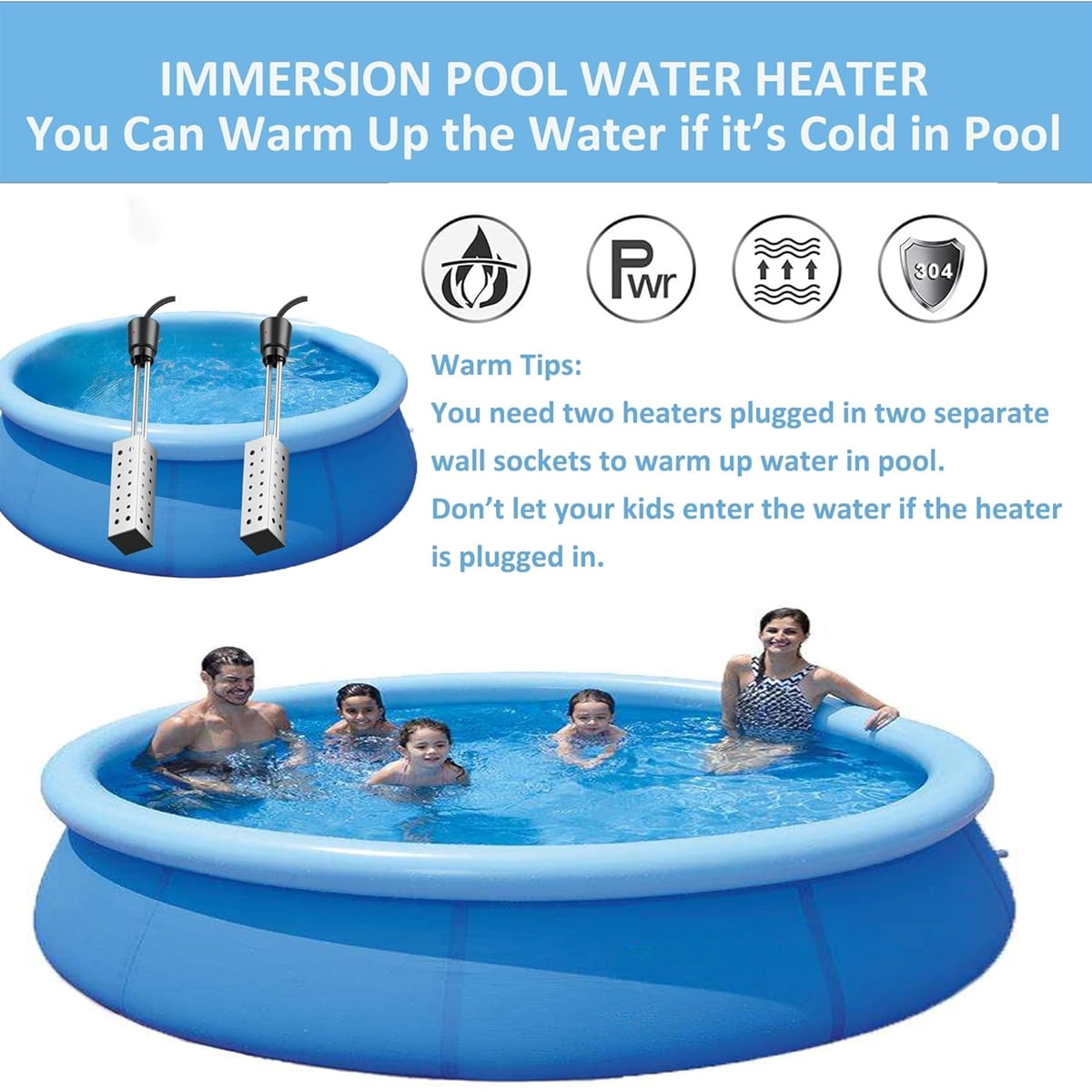 Electric Immersion Heater Bucket Water Heater Household High Power Submersible Pool Bathtub Heater with Thermostat Auto Shutoff